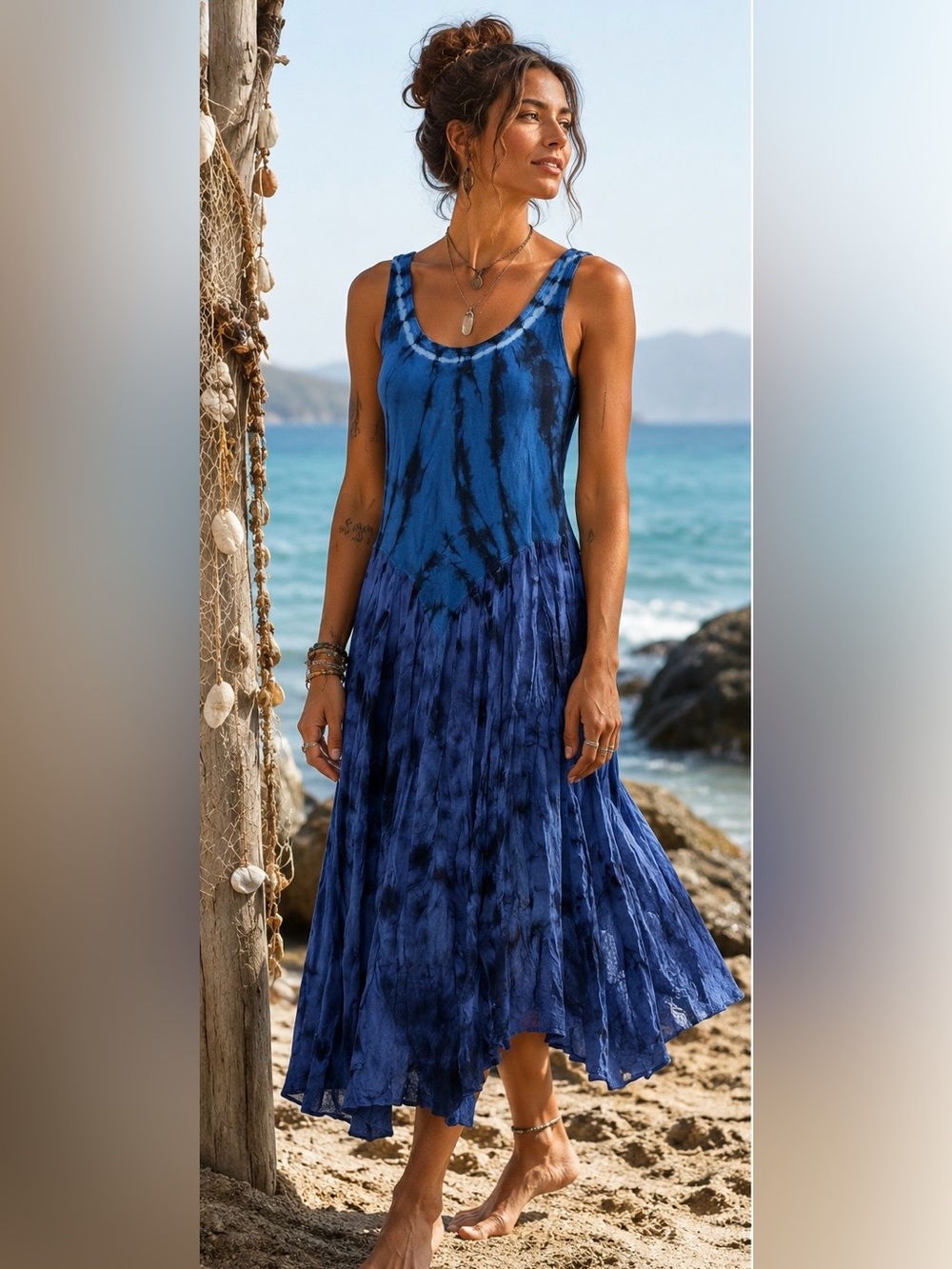 American South Side Blue Tie Dye Cotton Boho Hippie Midi Dress Medium